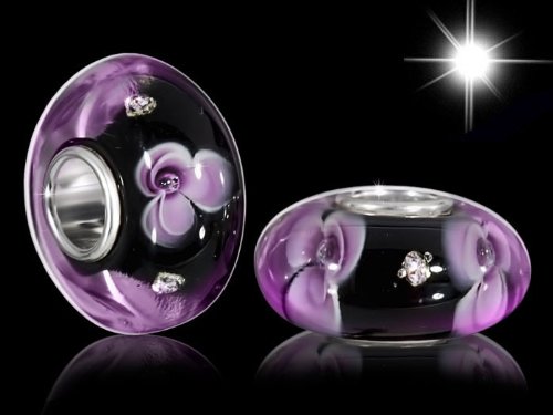 Perla In Vetro Di Murano Con Fiori Viola E Verde - Argento 925, Per Bracciali E Collane - Foto 3