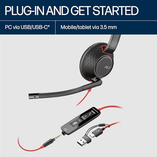 Image of Poly Blackwire 5220 USB-A Wired Headset (Plantronics) - Flexible Noise-Canceling Boom Mic - Ergonomic Design - Connect to PC /Mac, Mobile via USB-A or 3.5 mm - Works w /Teams, Zoom - Amazon Exclusive