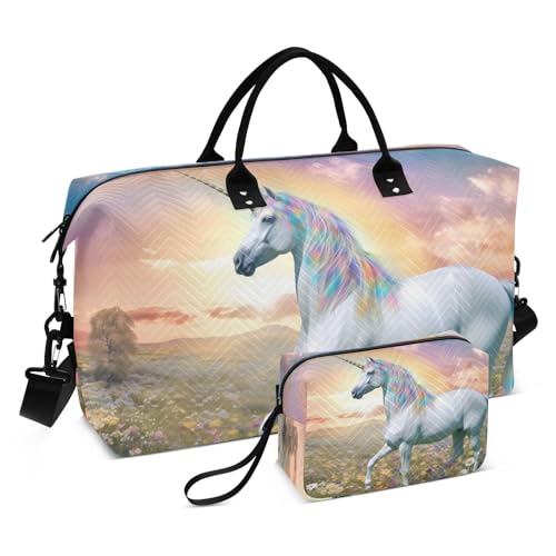 Large Travel Duffel Bag, Floral Field Horse Sports Tote Gym Bag, Shoulder Weekender Overnight Bag for Women Men, Carry On Luggage with Toiletry Bags