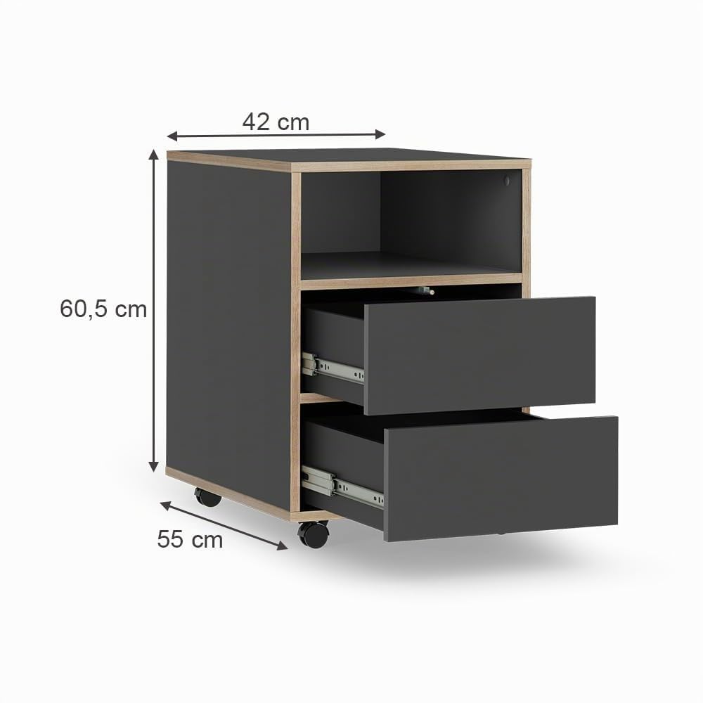 Vicco Rollcontainer Tetrix, Anthrazit, 42 x 55 cm | mit Regalen und 2 Schubladen, auf Rollen für flexible Nutzung im Büro oder Homeoffice