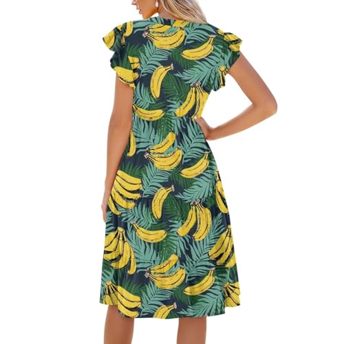 Women's Casual Ruffle Sleeve Dress V Neck Pullover Dress Flowy A-Line Pleated Lightweight Dress with Pockets2