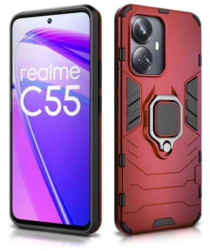 Image of WOW IMAGINE Shock Proof Back Case Mobile Cover for Realme C55 | Realme Narzo N55 | Back Cover Case (Tough Armor | Hybrid PC + TPU | Ring Holder & in-Built Kickstand | Red)
