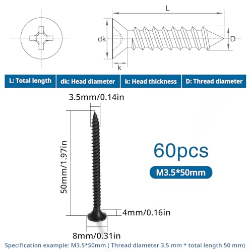 VooGenzek 60 PCS M3.5 * 50 mm Coarse Thread Point Drywall Screws, Phillips Countersunk, Plasterboard Wood Screw, for Wood Black - Image 2