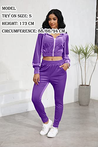 Women's Velour Sweatsuits Outfits Zip Up Hoodies Crop Top Long Sleeves Leggings Pants Sexy Velvet Tracksuit Workout 2 Piece Set #TOP1