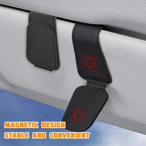 Image of Eliane Car Accessories Universal Sunglasses Goggles Holder for Car Sun Visor, Magnetic Leather Glasses Hanger Clip (Black)