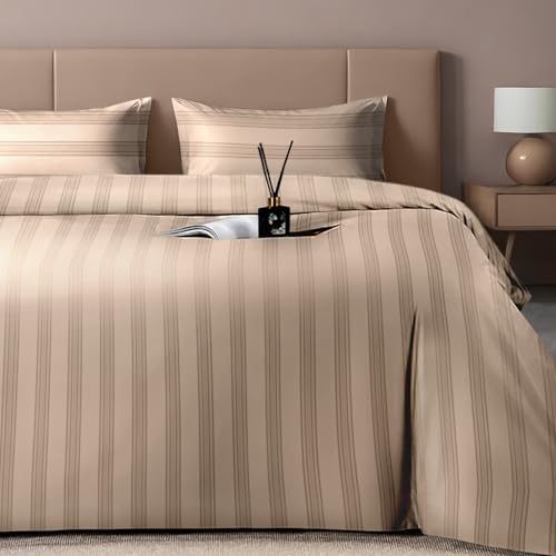 Image of Sassoon Artemis Italian Jacquard Weave Sateen Cotton Bedsheet - 400 TC, Cotton, Stripe Design, King Size (108 x 108 inches), Color: Fawn, Soft, Breathable, - 1 Bedsheet + 2 Pillow Covers