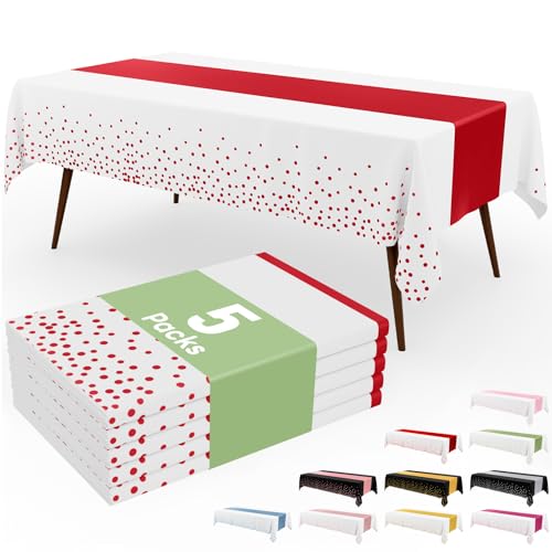 Image of Smiry Plastic Table Cloth Disposable 5 Pack, 54 x 108 Inch Rectangle Waterproof Tablecloth, Printed Gold Table Runner Style for Birthday Weeding, Party Decorations, Leakproof & Sturdy, White and Red