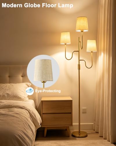 Image of 3-Light Gold Dimmable Floor Lamp with Linen Cone Shades, 3000K Warm White Standing Tall Lamp with Bulbs for Reading, Mid Century Modern Floor Lamp for Living Room Bedroom Sofa Corner Decor