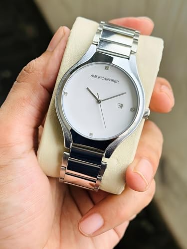 Image of AMERICANVIBER Men's Minimalist Watch, Silver Stainless Steel, White Dial with Crystal Accents, Analog Quartz Movement, Date Window For Men