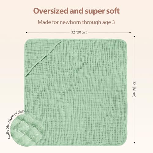 Image of Unnivoll Hooded Baby Towels for Newborn - 2 Pack, 100% Muslin Cotton, Baby Bath Towels with Hood, Soft and Absorbent for Boys, Girls Infant, Toddler and Kids, Large 32x32 Inches, Newborn Essential