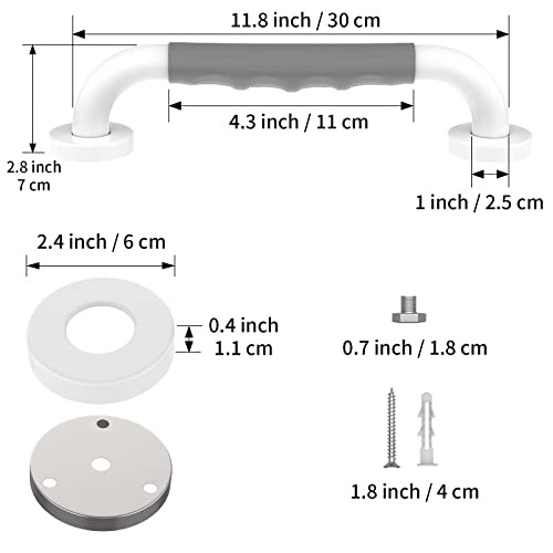 2 Pack Anti-Slip White Bathroom Grab Bar 12 Inch - 1” Diameter, Zepolu Stainless Steel Safety Shower Bars Grey Rubber Grip, Balance Support Bar Grab Rail For Elderly Senior Handicap Assist Bath Handle #TOP1