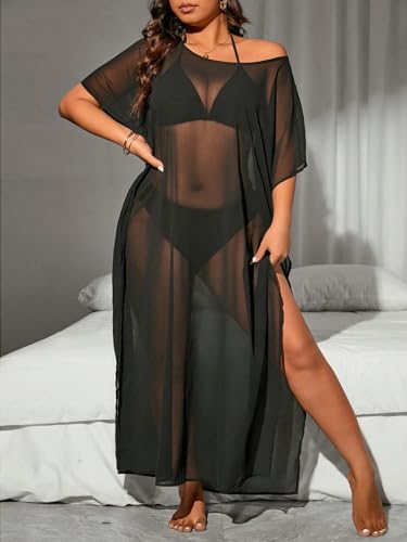 Floerns Women's Plus Size One Shoulder Sheer Mesh Split Thigh Loose Coverup Dress4