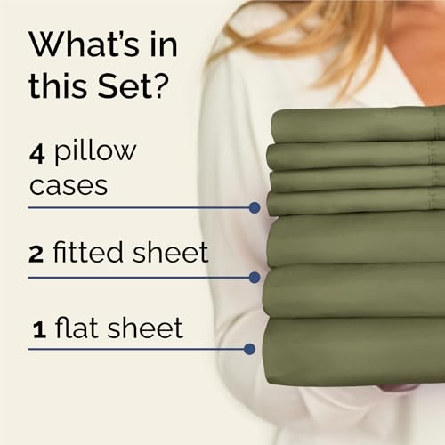 Image of Split King 7 Piece Bed Sheet Set - Comfy, Breathable & Cooling - Sage Green | Ultra-Soft Hotel Luxury Bedding Set w / 8-16 Inch Deep Pockets, 1 Flat & 2 Fitted Sheet & 4 Pillowcases, Wrinkle & Fade Free