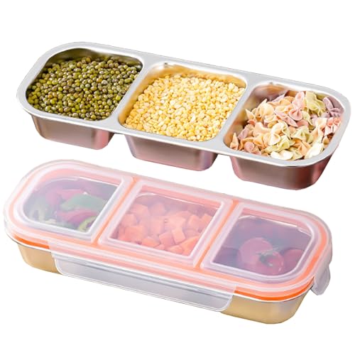Yanhalo Snack Containers Reusable,2PCs Stainless Steel 3 Compartment Snack Containers, Dishwasher Reusable Condiment Containers with Lids, Snacks Dips Takeout Travel and Outdoor Camping