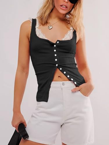 Women Ribbed Tank Tops Sleeveless Button Down Camisole Summer Scoop Neck Cropped Top4