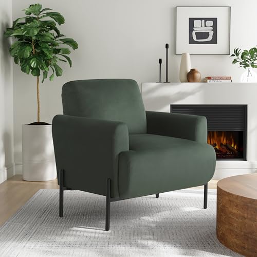 Studio Living Connor 35.3" Arm Chair, Modern Boho, Pocket Coil Comfort, Matte Black Metal Legs, Velvet Fabric, Green by Studio Living - Used condition - US$153.79