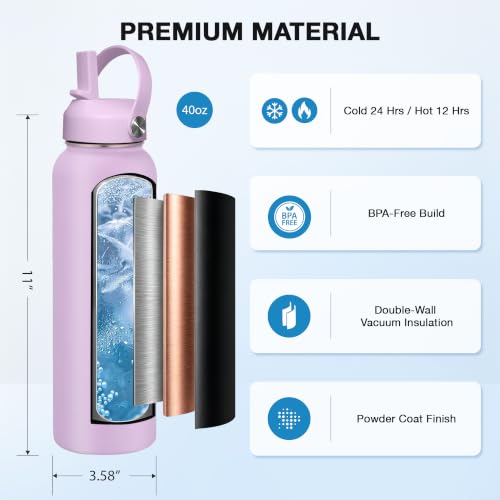 Image of SENDESTAR Water Bottle 40oz Double Wall Vacuum Insulated Leak Proof Stainless Steel Sports Water Bottle-Wide Mouth with New Flex Straw Lid & Spout Lid (lilac)