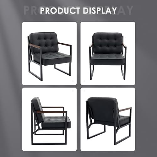 COLAMY Mid Century Modern Accent Chair Set of 2, Button Tufted Leather Reading Chairs, Comfy Reception Armchair with Metal Legs for Living Room, Bedroom, Waiting Room and Office, Black by COLAMY - Used condition - Image 9