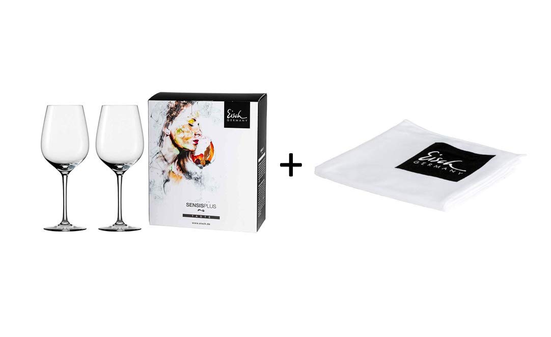 Eisch Superior Sensis Plus Juego de 2 copas de vino tinto con paño de cristal, 2 vasos en 4 colores. Caja de regalo 25005020 500/2 + 30094202 942/2