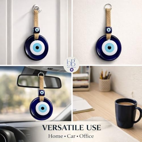 Image of BLUE BEADS Turkish Feng Shui Vastu Blue Glass Evil Eye Hanging /Door Hanging Nazar Batu for Protection and Good Luck - Perfect for Gifting Home or Office (Jute)