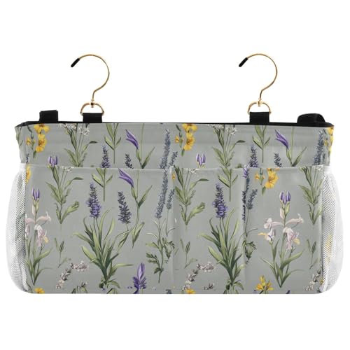 KLL Bedside Hanging Storage Hanging Storage Bag Pocket for Bunk Dorm Rooms and Hospital Bed Rails spring Flowers Iris flower Grey