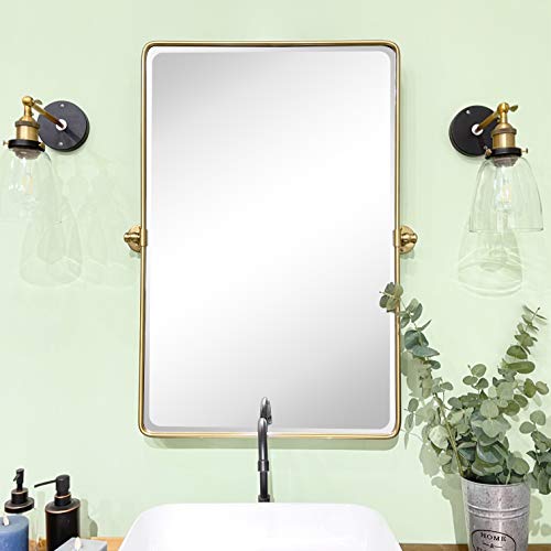 Image of TEHOME Gold Pivot Rectangle Bathroom Vanity Mirrror Farmhouse Tiltable Rounded Metal Framed Pivoting Bathroom Mirror with Beveled Mirrror, Overall 26.91 x 35 inches (Mirrror 23 x 35 inches)