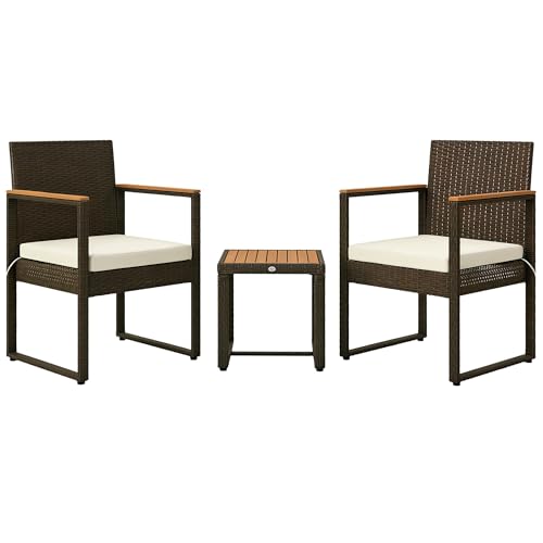 Outsunny 3 Pieces Wicker Patio Furniture Set, Rattan Bistro Set w/ 2 Patio Chairs, Acacia Wood Table & Removable Cushions, Patio Conversation Set for Porch, Balcony, White