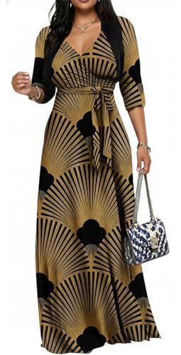 Image of Women's Church Maxi Wrap V Neck 3 /4 Sleeve Tie Waist Plus Size Long Dress | Flattering wrap V-neck design enhances curves. High elastic tie waist accentuates the slimmest part, hides tummy.
