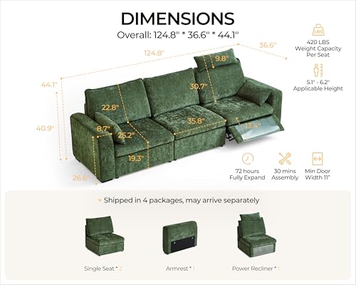 Image of 124.8'' Oversized Power Recliner Sofa with Headrest, Extra Wide Deep Modular Cloud Sectional Reclining Couch Wall Hugger, Convertible 3-Seater for RV Home Theater Living Room, Chenille, Green