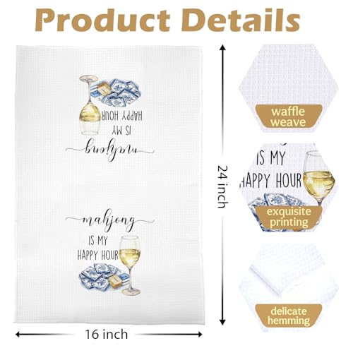 Image of Mahjong Wine Kitchen Towel - Mahjong is My Happy Hour Decorative Waffle Dish Towels, Bar Car Hand Towels, Mah Jong Tea Towel for Kitchen, 16x24 Inch