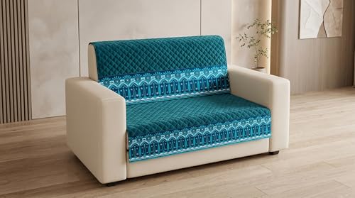 Image of KINGLY Sofa Cover 2 Seater Fully Covered | Stretchable Anti-Slip Slipcover | Washable Furniture Protector | Teal Blue | Set of 2 | Seat & Back |
