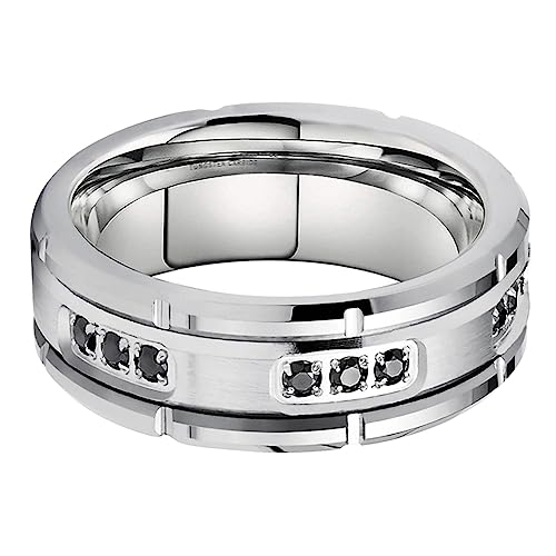 TUTISS 8mm Silver/Black Tungsten Engagement Wedding Bands with Black CZ Dropout Maternity Comfort Fit