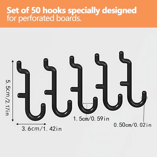 Nivithi 50 J-Form Pegboard Hooks Kit,0,6CM LÖCHER,Peg Board Organizer Accessories und Lochwand Haken,Peg Board Hooks sind ideal für als Peg Board Hooks for Lochwand Zubehör,2.5 cm Lochabstand