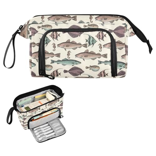 Image of Vintage Fish Beige Print Pencil Case Pouch Big Capacity Pencil Bag Box Organizer Pen Case with Compartmens Stationery Organizer for Girls Boys Women School College Office