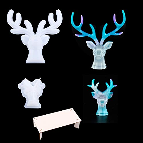 iSpuerb 2 Piezas Moldes de Resina de Ciervo 3D Moldes de SiliconaN Organizador de Joyas de Alces y Astas Moldes de Fundición de Resina Epoxi con Tablero de Soporte de Madera Cover