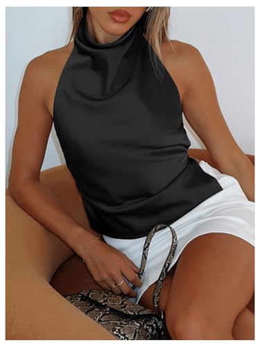 SOLY HUX Women's Satin Halter Backless Crop Top Sexy Sleeveless Tank Shirts Festival Party Clubwear4