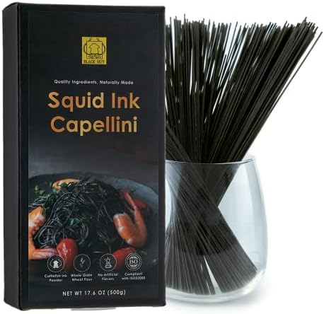 Black Hut Squid Ink Pasta, Skinny Capellini, Natural Ingredients, Spaghetti for Adult and Children, Contains Molluscs, Wheat, 17.6oz/ 500g
