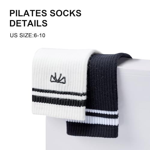 Image of Non-Slip Pilates Yoga Socks for Women Cotton Crew Striped Bow Embroidery for Barre Ballet Dance Workout