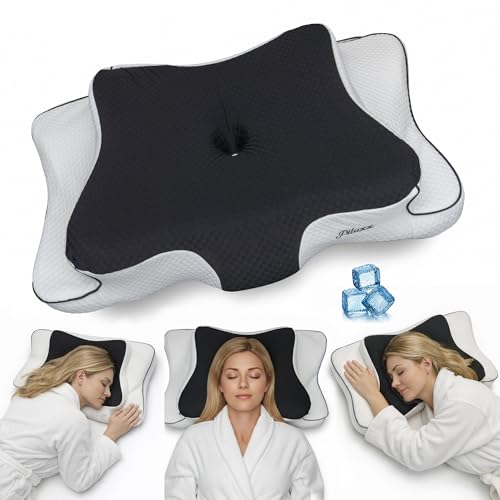 piluxx Cervical Neck Pillow for Sleeping Cooling Memory Foam Cervical Pillow for Side Sleepers and Back Sleepers Contour Ergonomic Neck Support (Black/White Cooling)