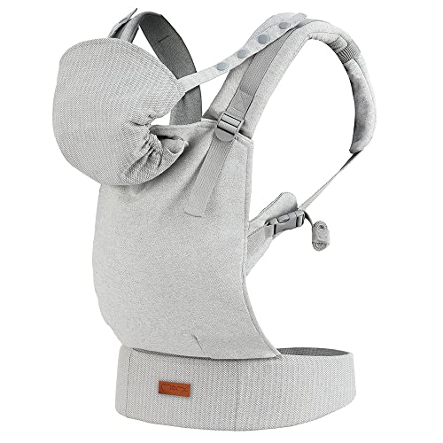 MoMi COLLET Babytrage für Kinder im Alter 3-48 Monate (4-20 kg Körpergewicht), 2 Tragepositionen mit 6 Einstellpunkten, mit Kapuze und einer Köpfchenstütze für das Baby