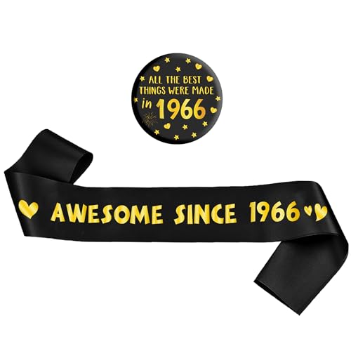 60th Birthday Decorations Sash Set - Black and Gold Awesome Since 1966 Sash with Button Badge, Happy 60 Years Old Birthday Party Decoration for Fabulous Men