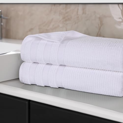 Superior Cotton Bath Sheet Set, Zero Twist, Ribbed Geometric, Oversized Large Absorbent Body Towels, Luxury Soft Quick Dry, Shower, Spa, Hotel, Pool, Guest Bathroom, Home Essentials, Set of 2, White