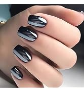 Black Chrome Press on Nails Short Square Fake Nails Glossy Mirror False Nails Full Cover Acrylic ...