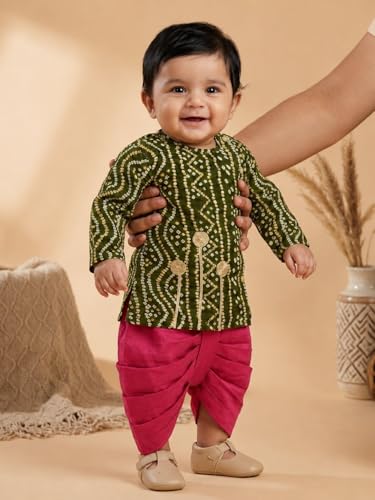 Image of Pspeaches Boys Rayon Full Sleeves Round Neck Bandhani Print Angrakha Kurta and Dhoti Pant 2 Piece Set|Ethnic Wear For Cute Baby Boys|Traditional & Festive Outfit