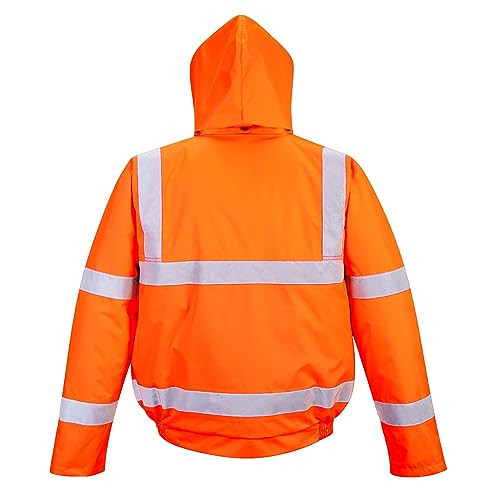 Portwest RT32 Hi-Vis Winter Bomber Jacket Waterproof Cold Protection EN342 Certified Reflective Tape Texpel Eco Fabric Multiple Pockets Detachable Hood, Orange, L