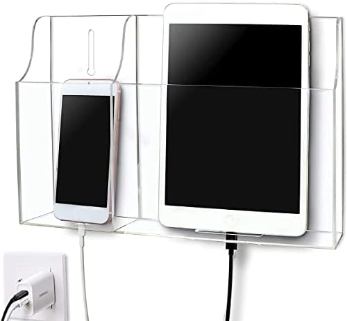 Pansyling Clear Acrylic Remote Control Holder Wall Mounted Phone Holder Stand for Tablet eReader Wall Storage Caddy Media Organizer with Charging Holes for iPad Kindle iPhone Samsung
