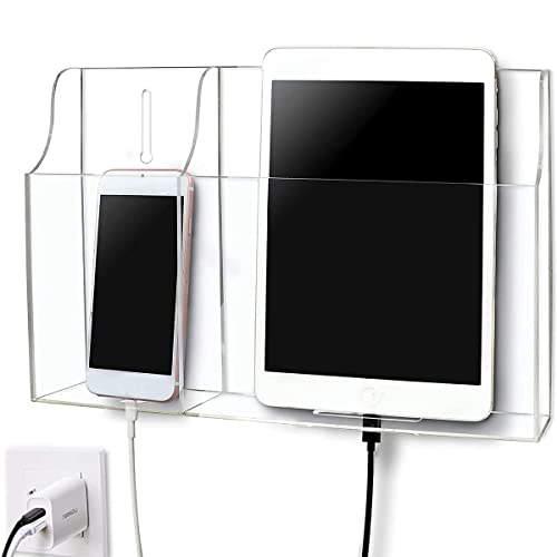 Pansyling Clear Wall Tablet Holder Acrylic Wall Mounted Phone Holder for iPad, Remote Control Holder Laptop Stand for eReader Storage Caddy with Charging Holes for Kindle iPhone