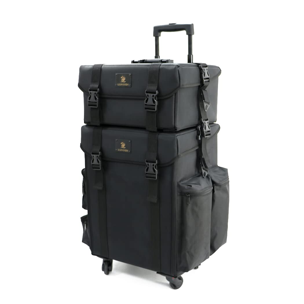 LUVODI Maletin Maquillaje Profesional Ruedas: Maleta Trolley Maquillaje 2 en 1 Carro Mochila Organizador Cosmetico Grande para Viaje Manicura Peluqueria Estetica con Cajones Color Negro