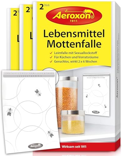 AEROXON Lebensmittelmotten Falle - Dreierpack (6 Stück) Mottenfalle Lebensmittel Klebefallen, zur Befallsermittlung geeignet - mittel gegen lebensmittelmotten