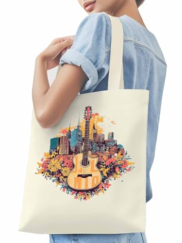 Retro American Style City Floral Guitar Canvas Tote Bag, Aesthetic Canvas Tote Handbags for Women Shoulder Bag3